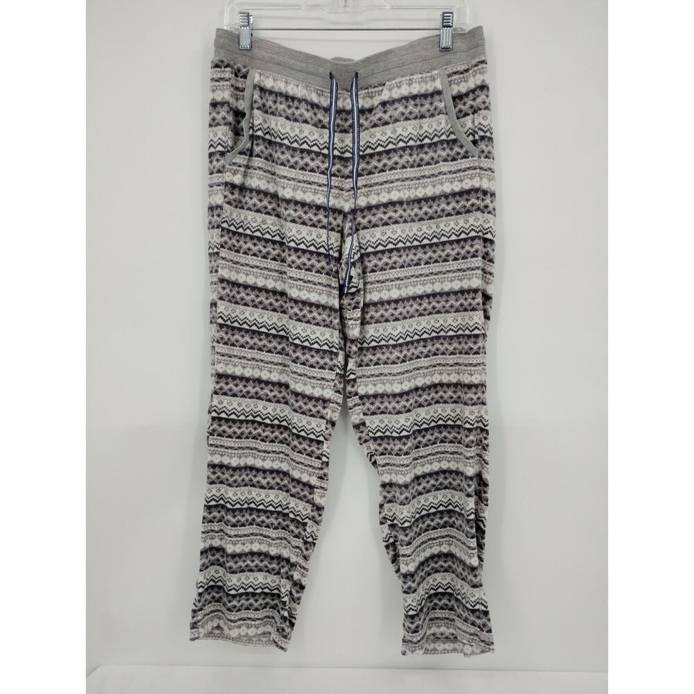 Nautica Gray Stripe Fleece Pants Cozy Lounge Straight Leg Pockets Women's Medium